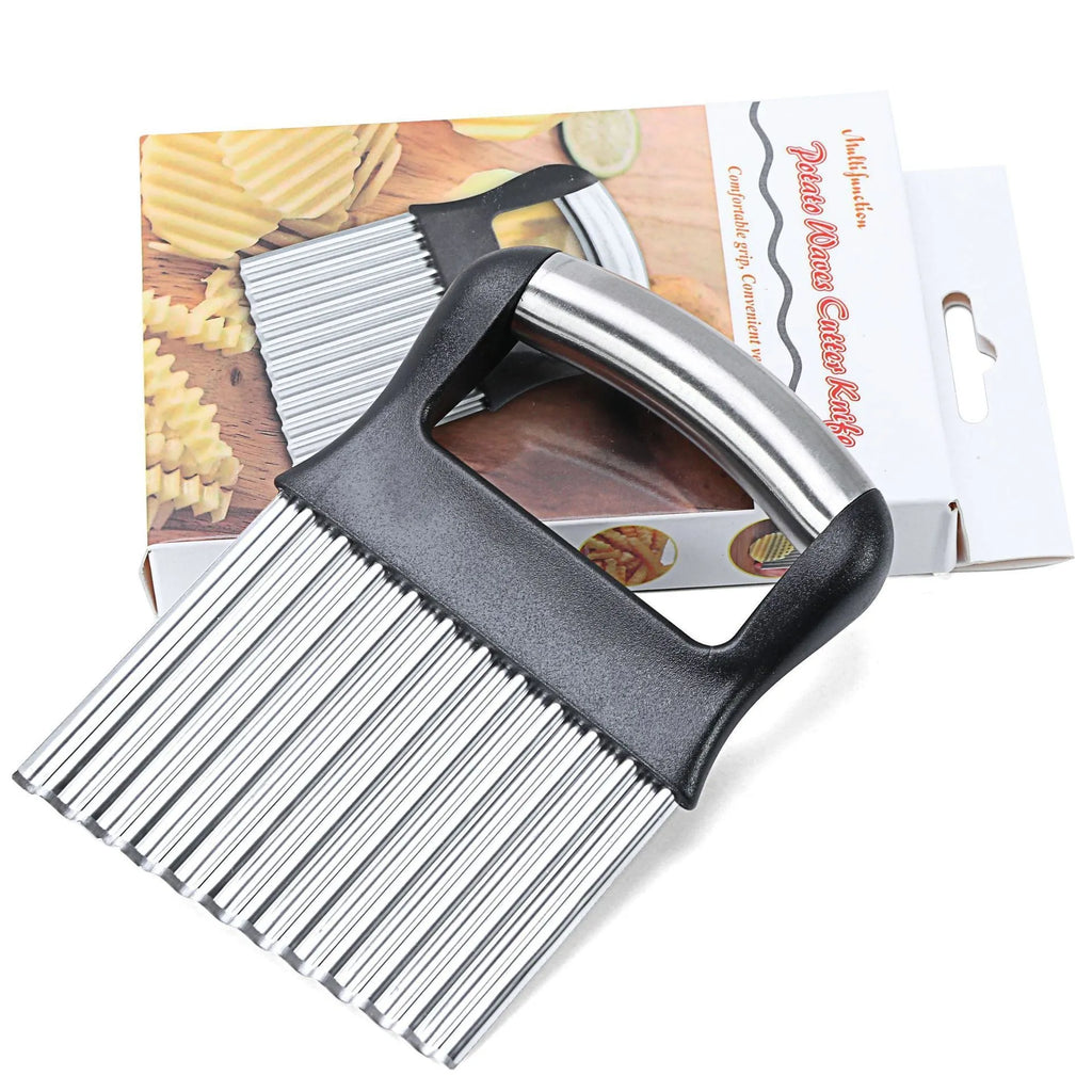 Stainless steel potato wave knife with a 14cm wavy blade on a kitchen worktop