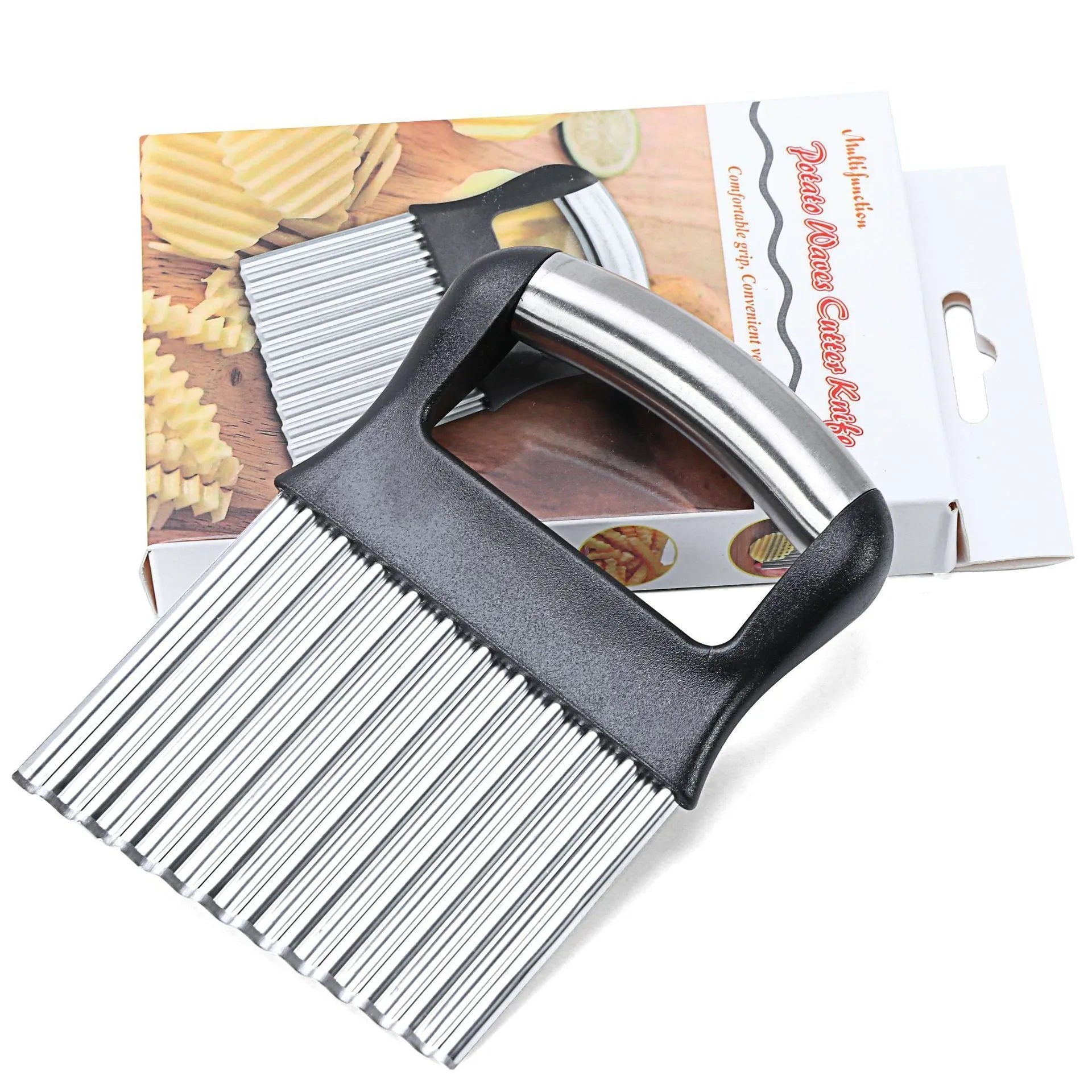 Stainless steel potato wave knife with a 14cm wavy blade on a kitchen worktop