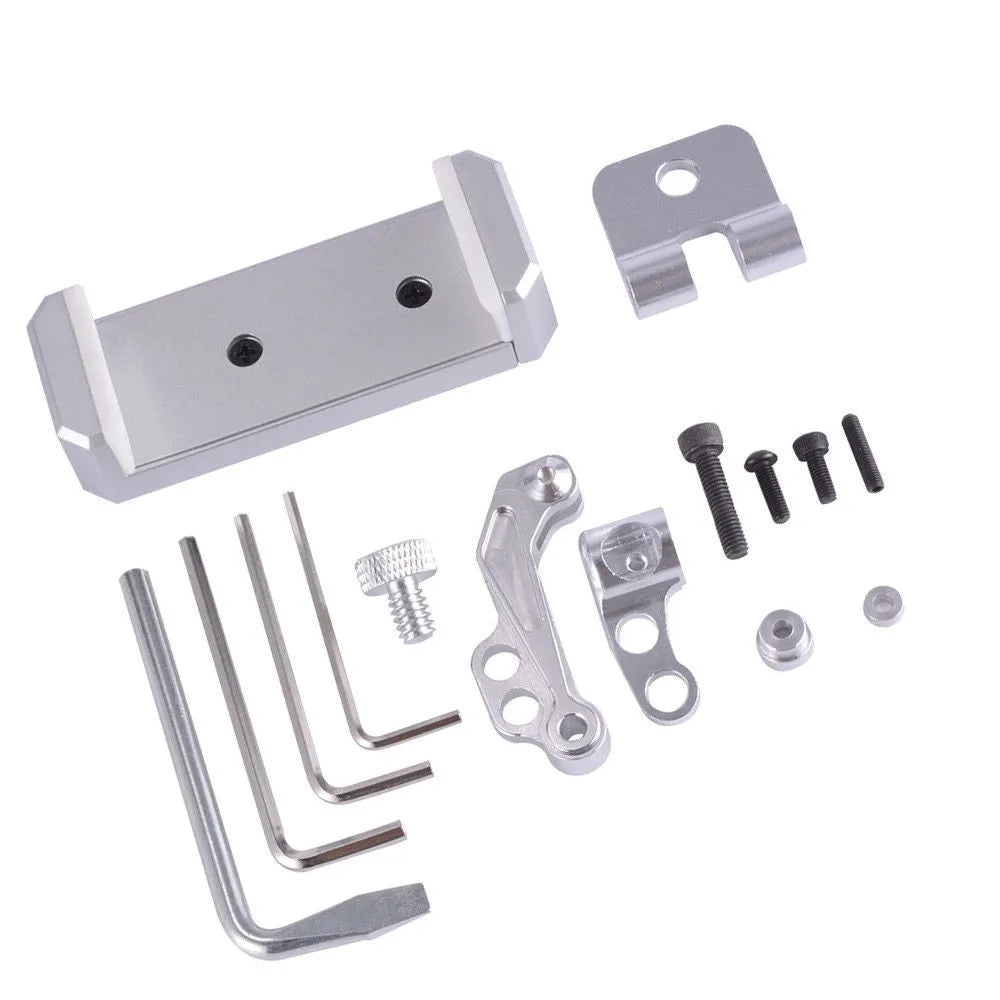 Silver mobile phone holder tongs with a remote control lanyard, a car accessory for elderly users.