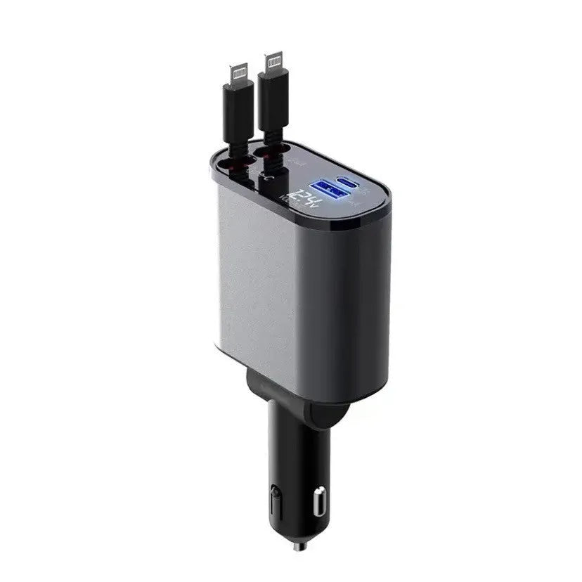 Metal car charger with retractable cable and adjustable head, USB and Type-C ports, 100W fast charging
