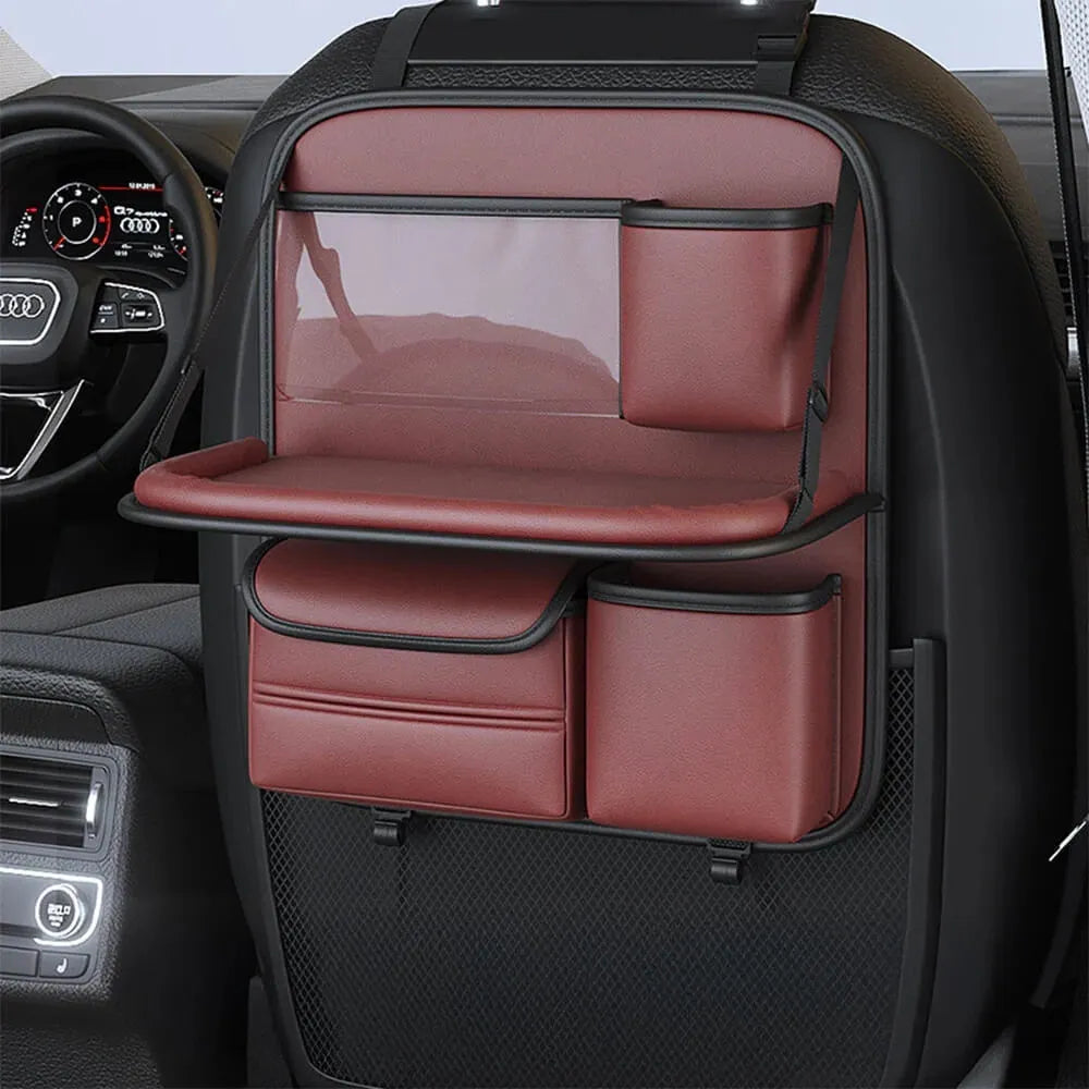 Leather car seat storage bag with foldable dining table in obsidian black colour