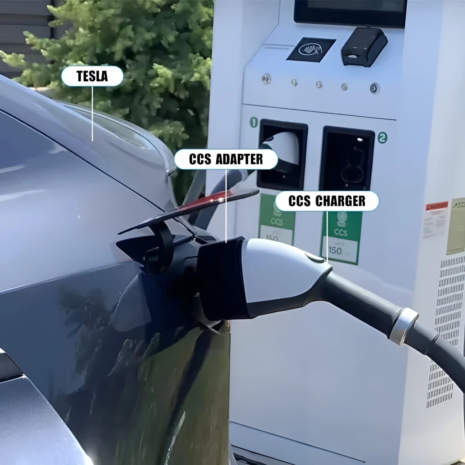 Black Tesla charging adaptor converting Type 2 connector to Tesla vehicle interface