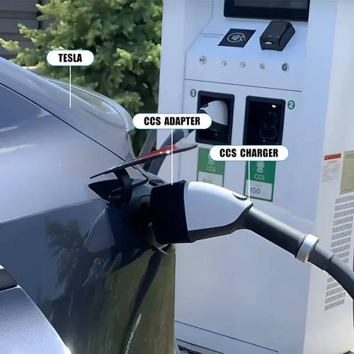 Black Tesla charging adaptor converting Type 2 connector to Tesla vehicle interface