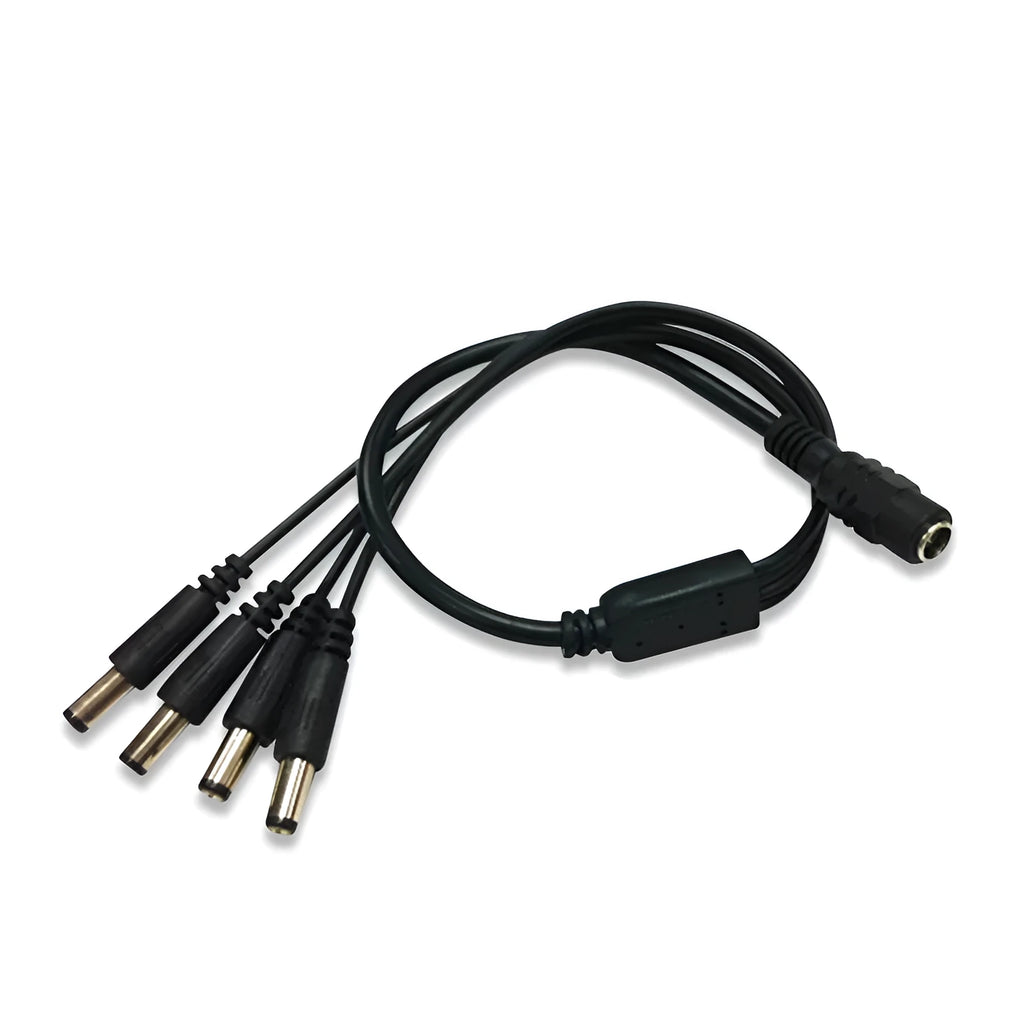 Black DC 1-in-4 power splitter cable with 5.5mm connectors for CCTV cameras
