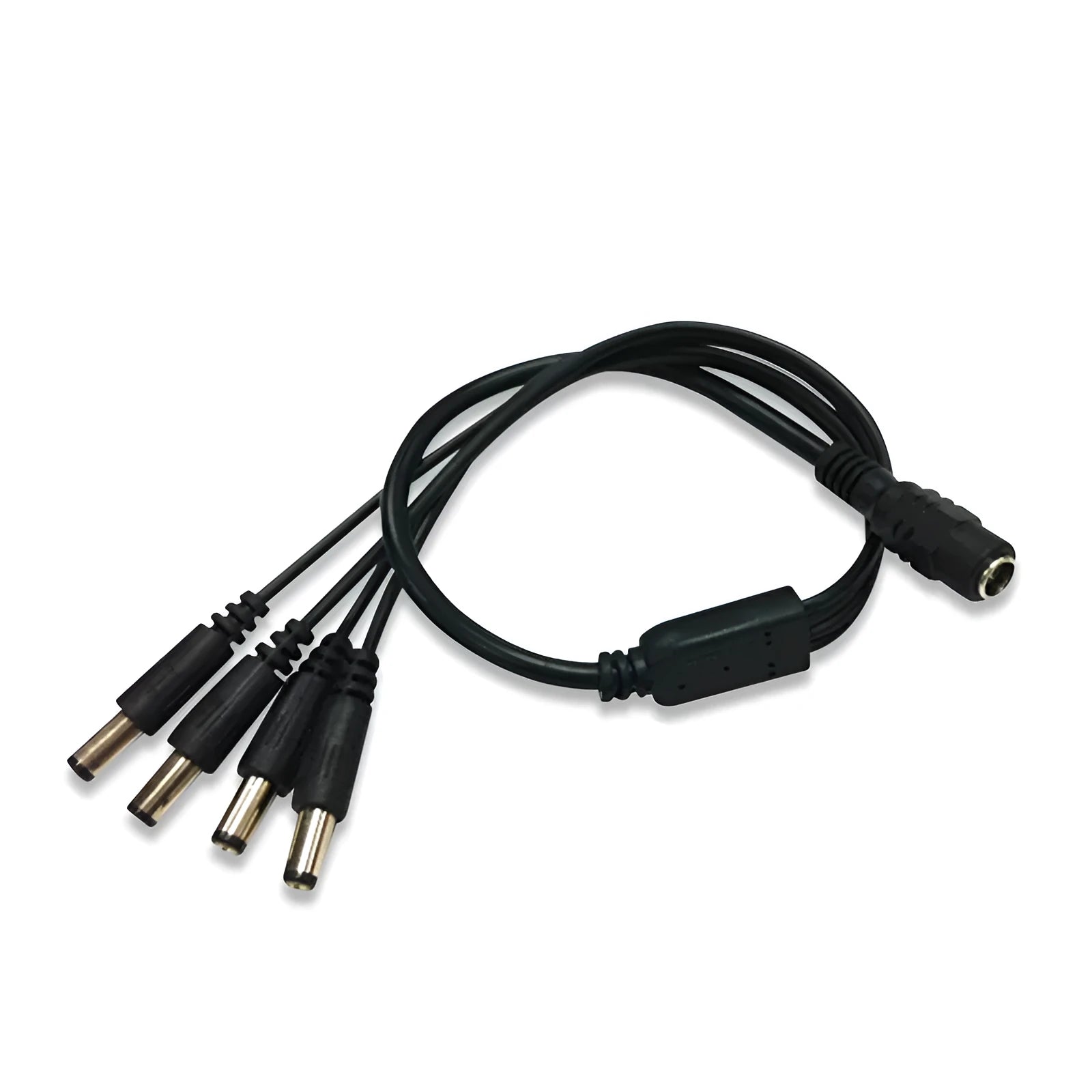 Black DC 1-in-4 power splitter cable with 5.5mm connectors for CCTV cameras