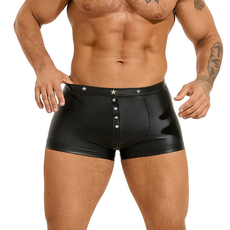 Men's black PU leather boxer shorts with pouch front design on mannequin