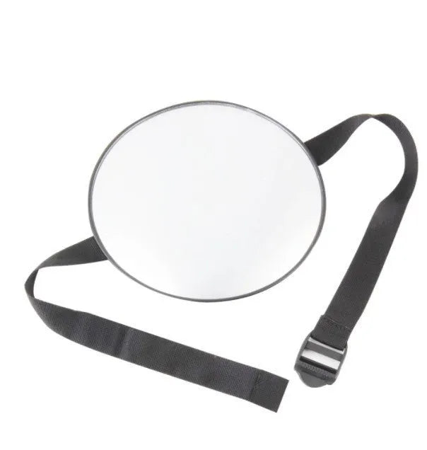 Black ABS baby safety seat rearview mirror with circular 17cm glass and adjustable strap on car headrest.