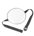Black ABS baby safety seat rearview mirror with circular 17cm glass and adjustable strap on car headrest.
