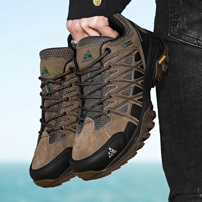 Men's synthetic leather climbing shoes in khaki with a round toe and low heel profile.