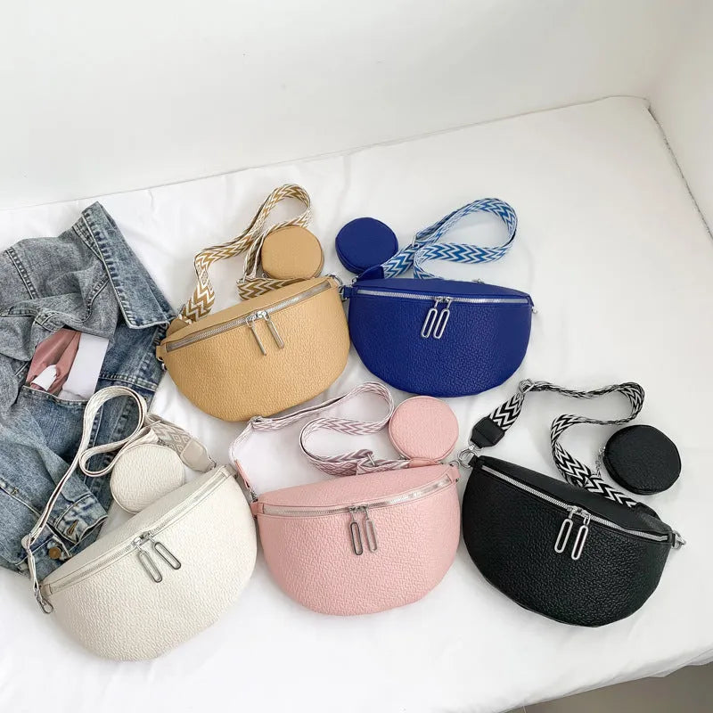 Solid colour women's crossbody bag with textured PU leather and clamshell design