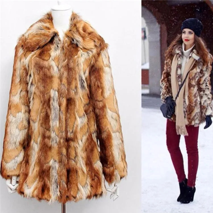 Women's slim-fit tiger pattern faux fur leather jacket with long sleeves on a model.