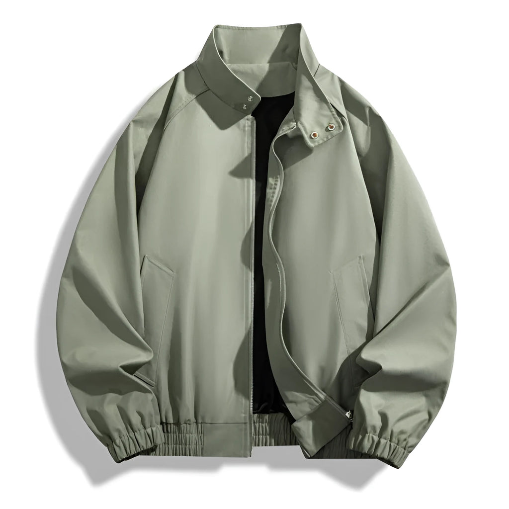 Men's loose stand collar jacket, long sleeve polyester blend casual jacket in black brown camel coffee or gray green