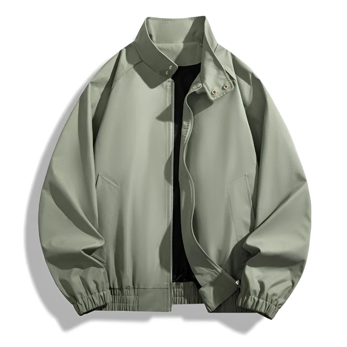 Men's loose stand collar jacket, long sleeve polyester blend casual jacket in black brown camel coffee or gray green
