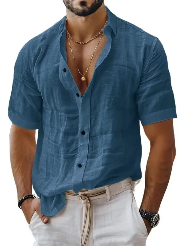 Men's short sleeve lapel shirt in polyester blend fabric showing cardigan style and lapel collar