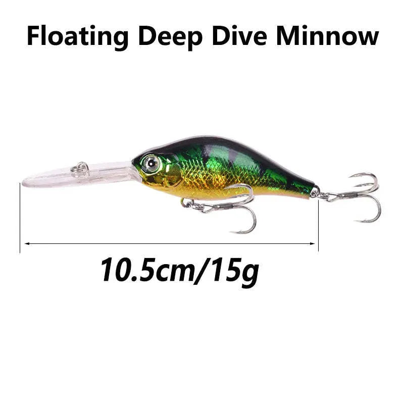 Little Fat Man Deep Diving Mino fishing lure showing long tongue board and colour options.