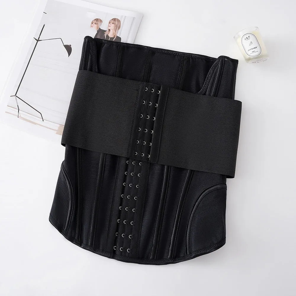 Nylon belly band waist training belt shown in black and apricot colours with a belt tie.