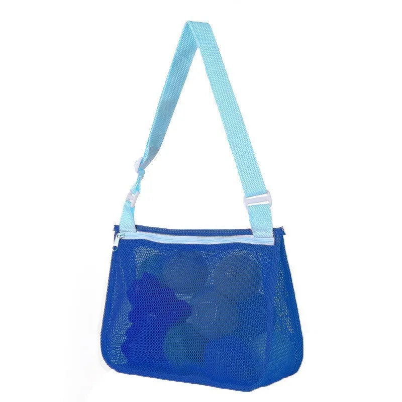 Blue nylon mesh travel storage bag with zip closure for children's toys and clothes