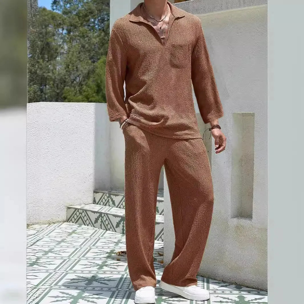 Men's casual shirt and trousers suit set in lake blue, khaki, black, or caramel colour.