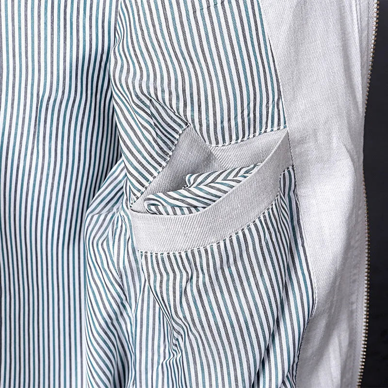 Men's thin blue linen casual jacket with a regular fit on a hanger.