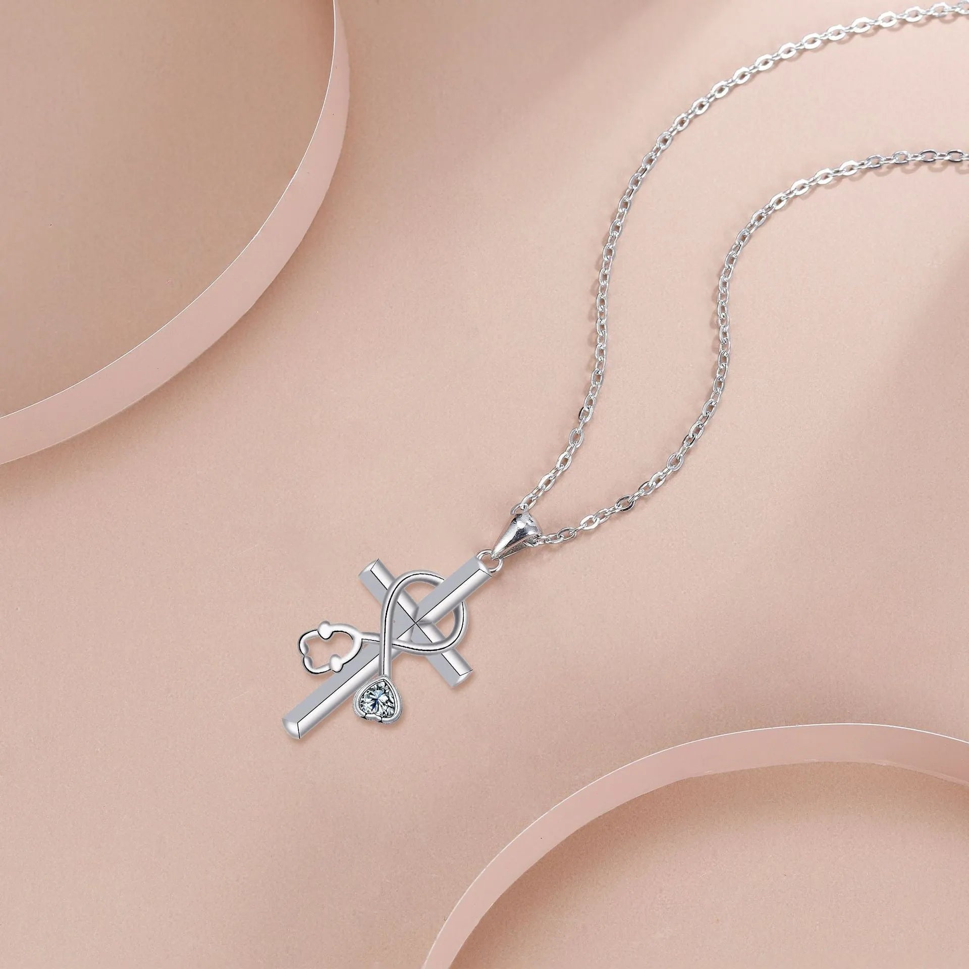 Copper stethoscope necklace with cross chain and electroplated finish