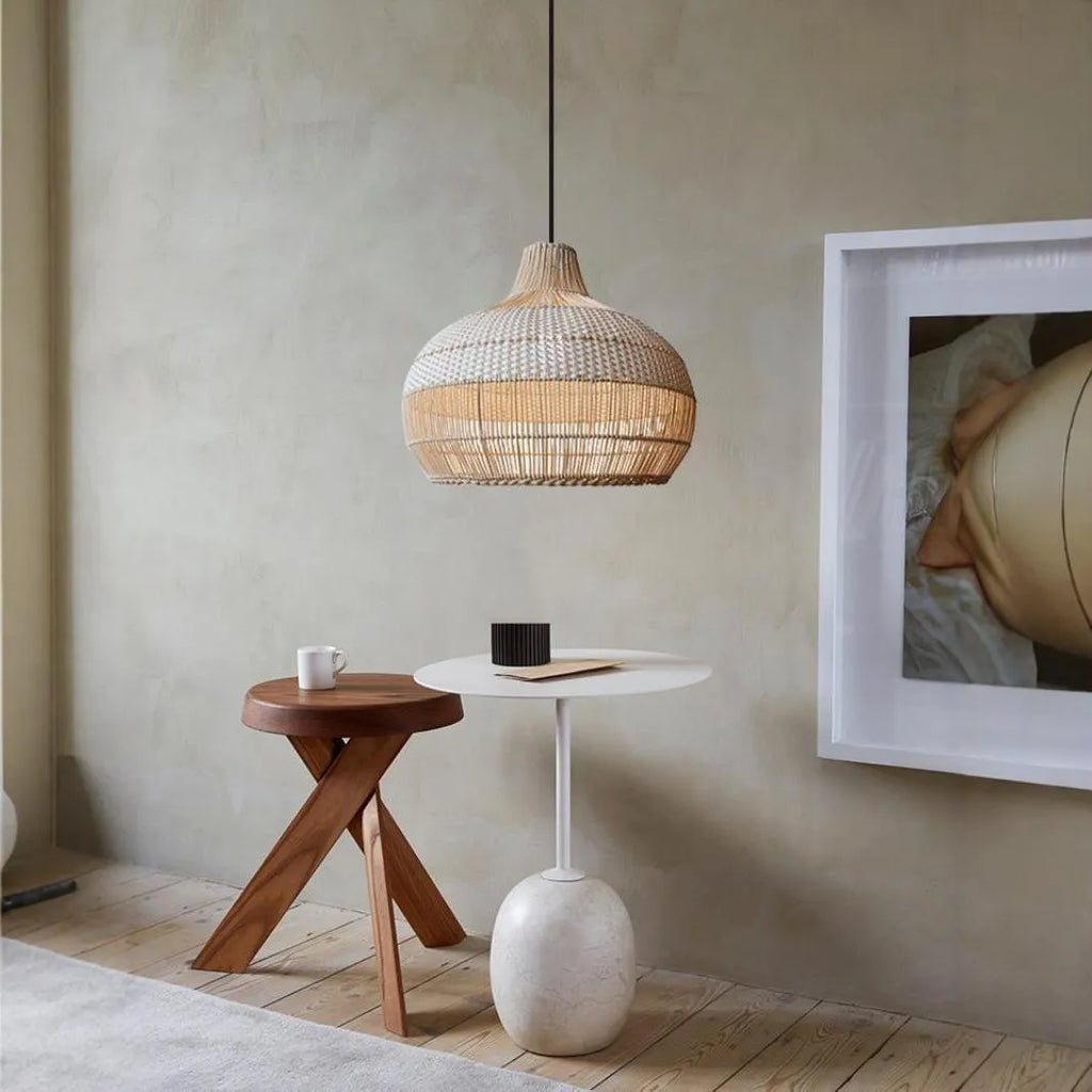 Rattan woven chandelier with a 60cm diameter in a Silent Wind style design.