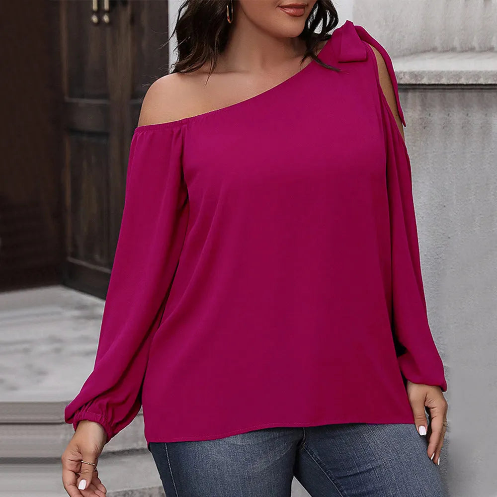 Women's loose fit rose red pullover top with bow detail, hollow-out knit texture, and long sleeves