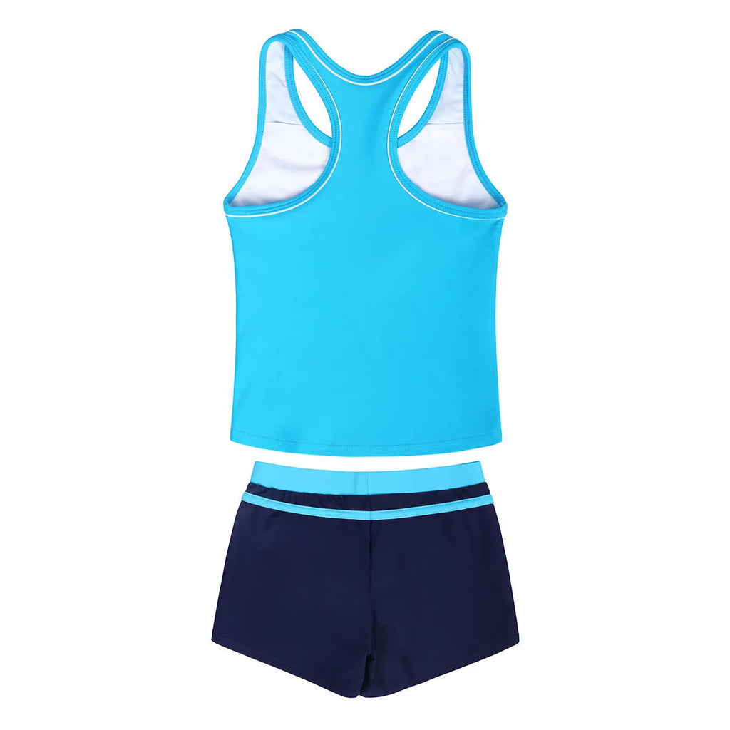 Girls two-piece split boxer swimsuit with chest pad in blue showing shirt and shorts on child model