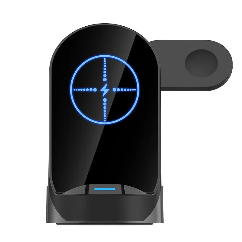 Black grey foldable 3-in-1 wireless charger stand with phone, smartwatch, and earbuds case charging.