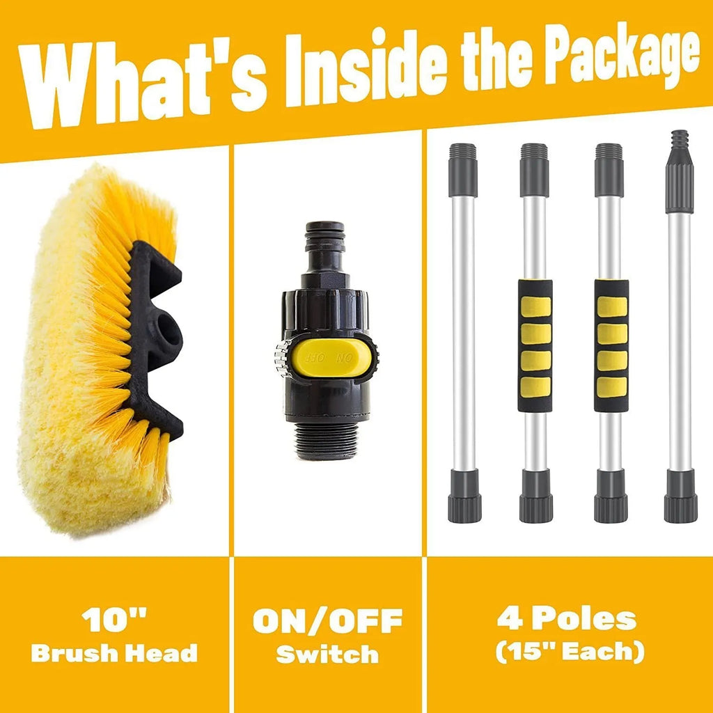 Portable car wash brush with removable four-section rod and flow-through brush head in yellow colour