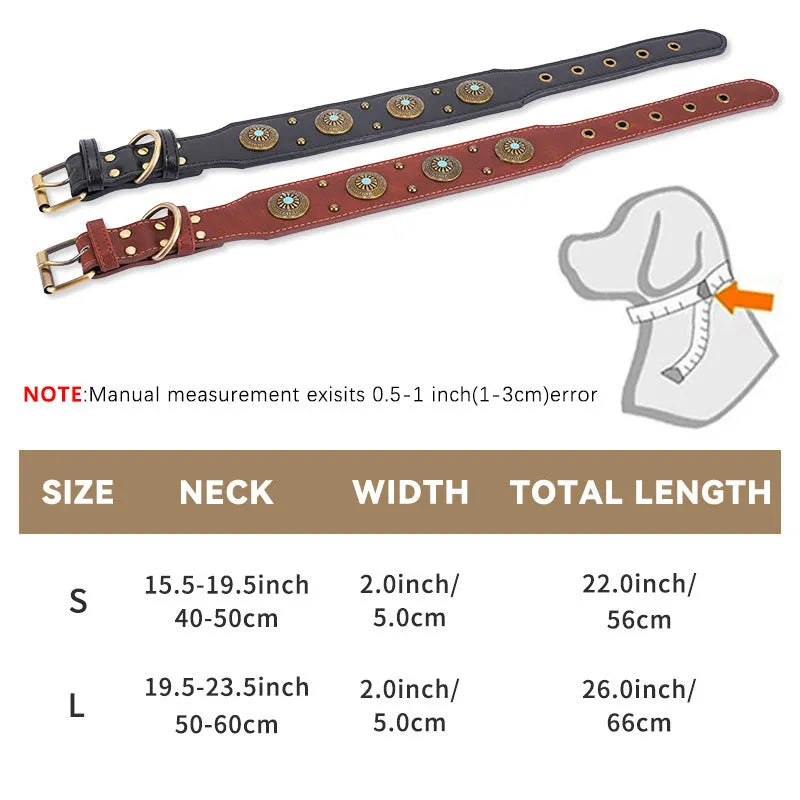 Retro high-end leather dog collar in brown with monochrome pattern for medium and large dogs
