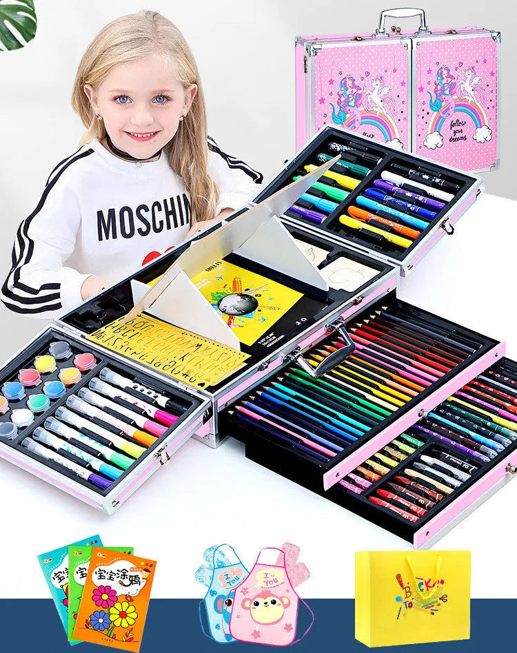 Creative birthday gift for girls ten years old, 3-layer pink aluminium box set with doodle pen set, plastic construction