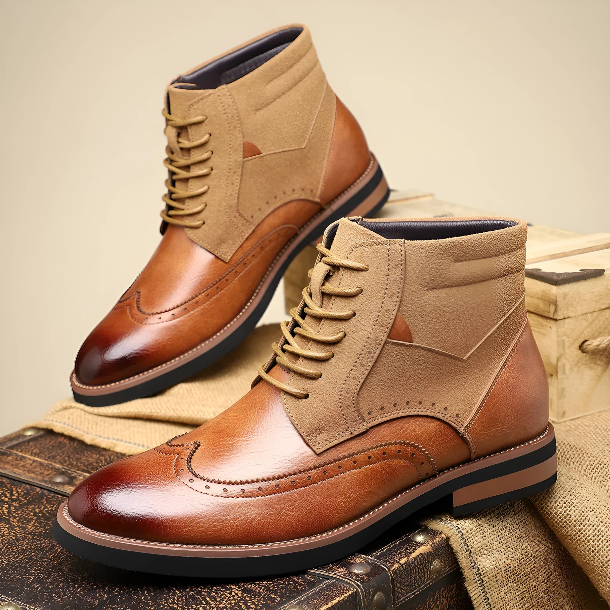 Men's retro Martin boots with carved leather patchwork, block heel, pointed toe, in brown colour