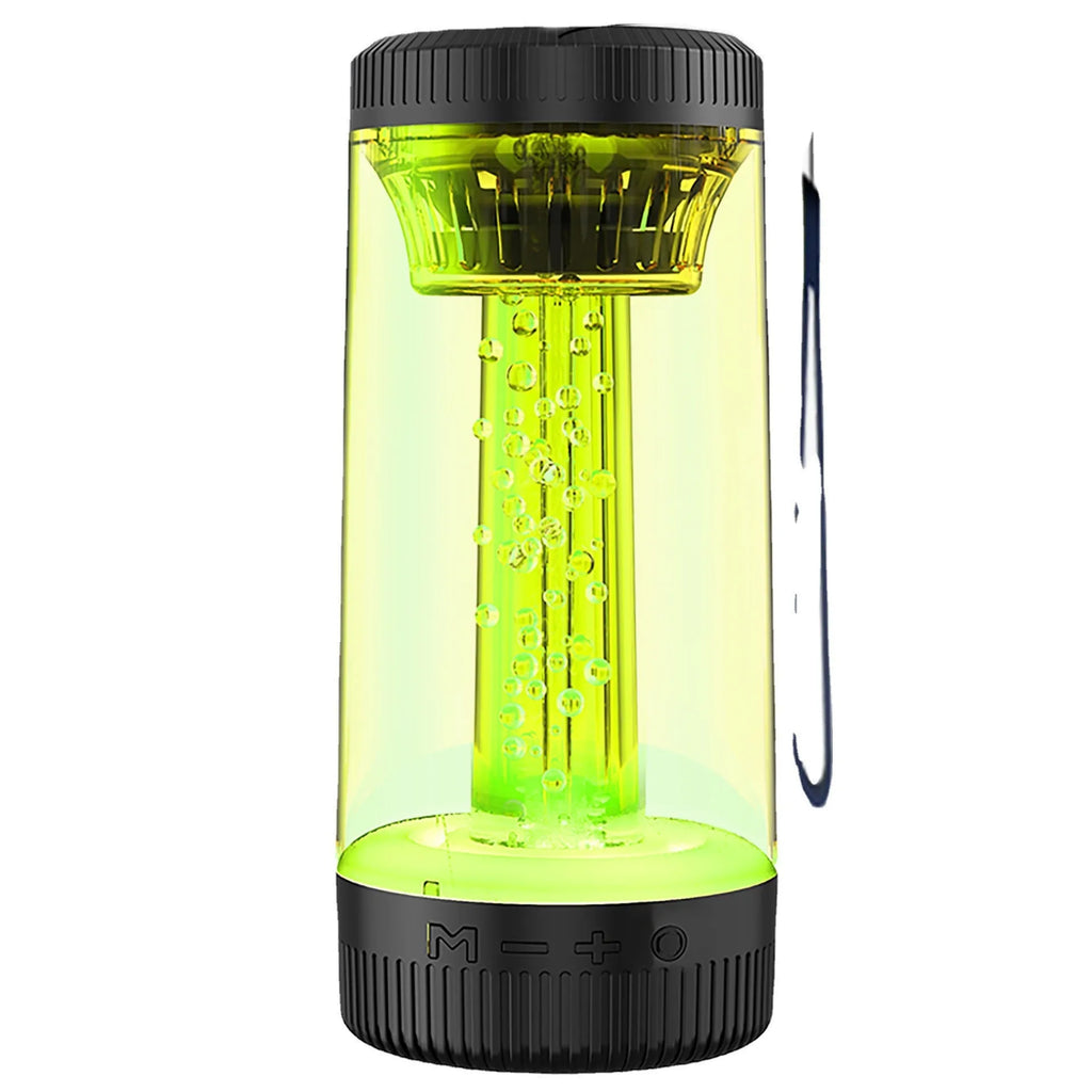 Black outdoor portable camping light Bluetooth speaker with LED colourful light on a natural background