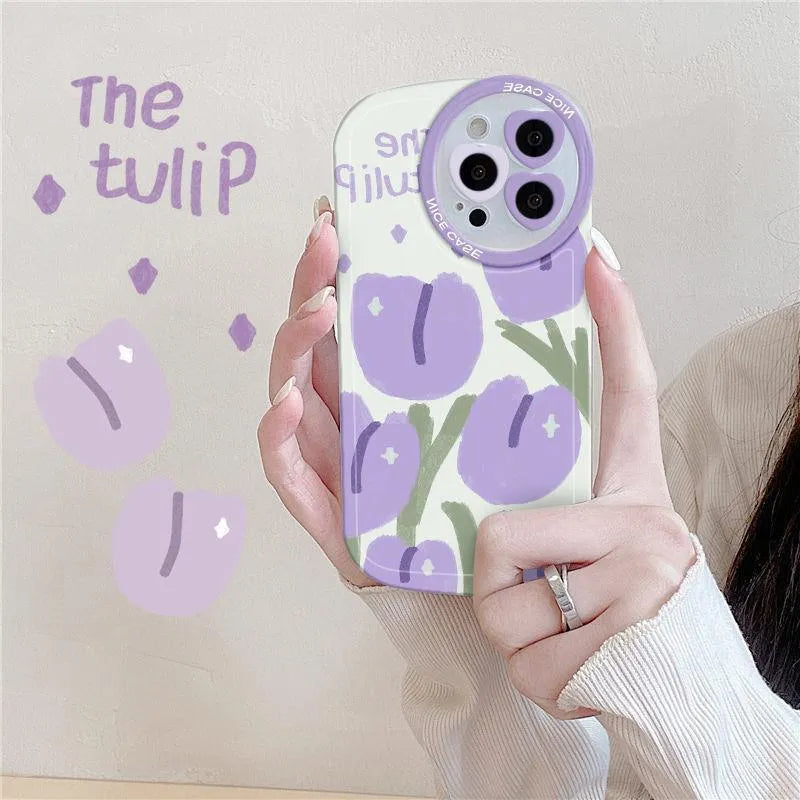 Purple tulip transparent TPU phone case with matching wrist strap for Apple iPhone