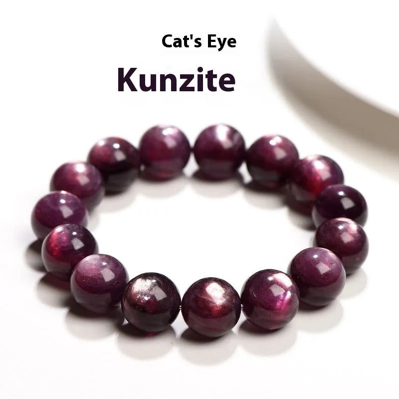 Natural purple lepidolite crystal bracelet with polished round beads, showing different size options.