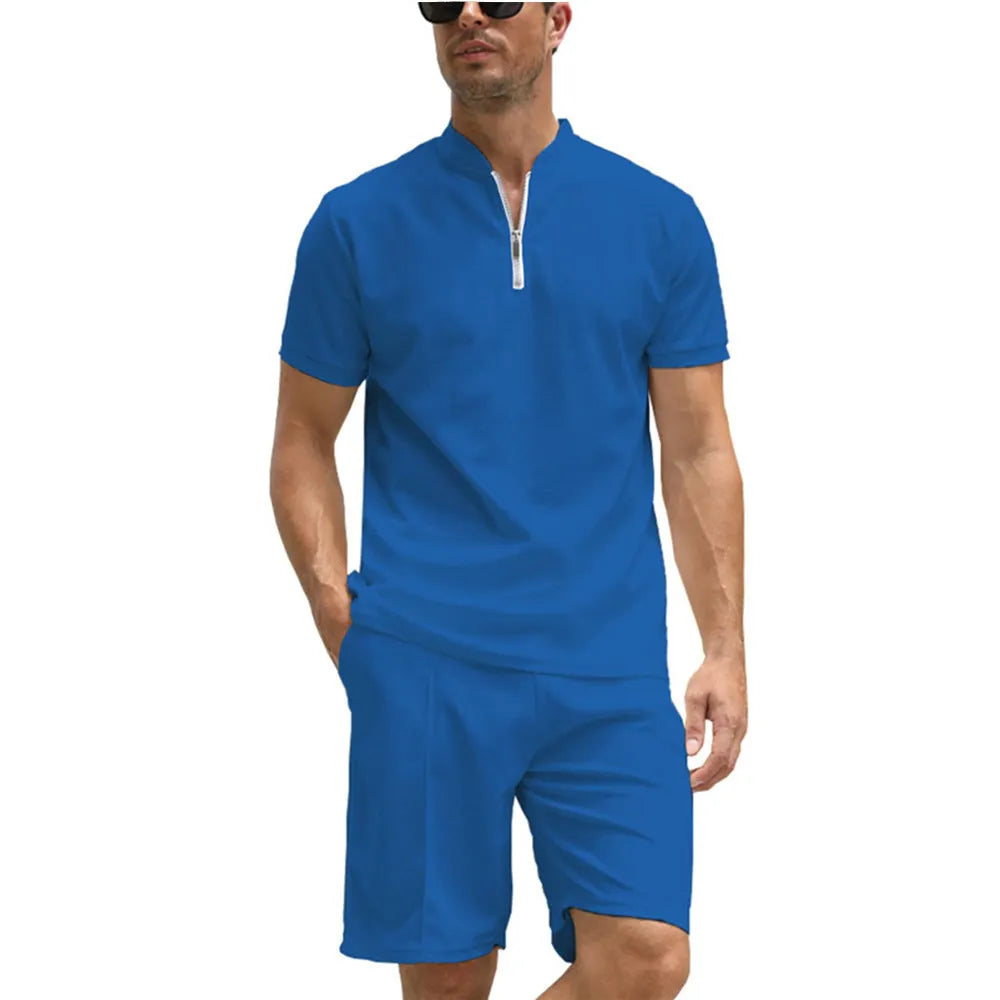 Men's solid colour beaded bird's eye polyester polo shirt suit two-piece set on a hanger.