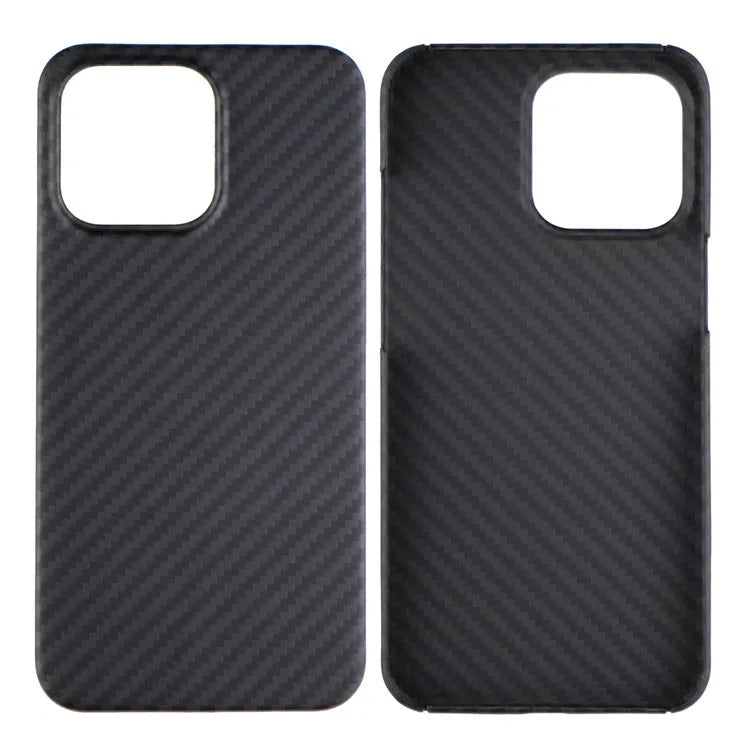 Dull black Kevlar fibre iPhone case with stripe detail and Magsafe magnet on a table.
