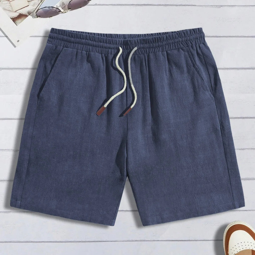 Men's thin linen loose casual shorts, no liner, drawstring waist, black light blue gray khaki navy blue
