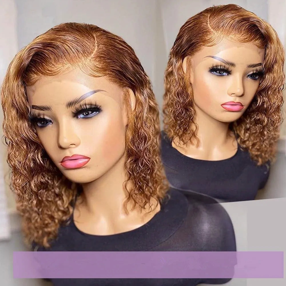 Short curly honey blonde bob wig with long bangs for women, light brown colour