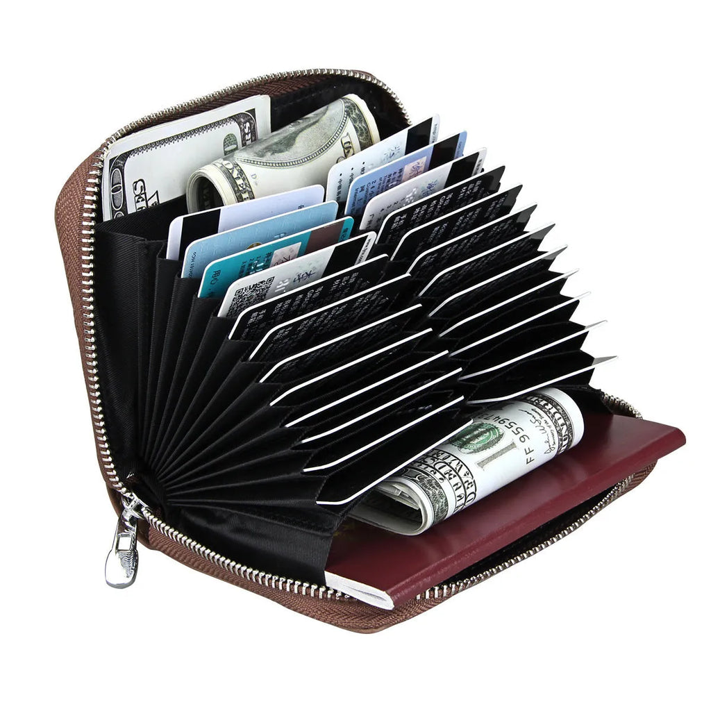 Cowhide expanding card holder and passport wallet in ink black, retro coffee, dark blue, olive green, pomegranate red, bean sand, or apricot yellow.