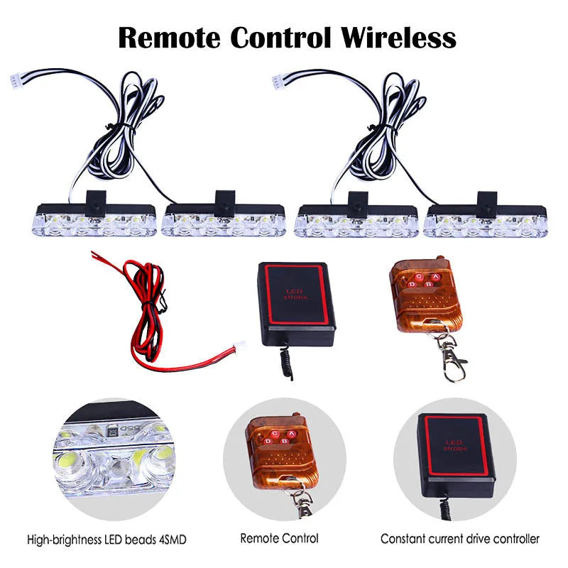 Black car mounted LED emergency warning light with wireless remote control on a vehicle roof.