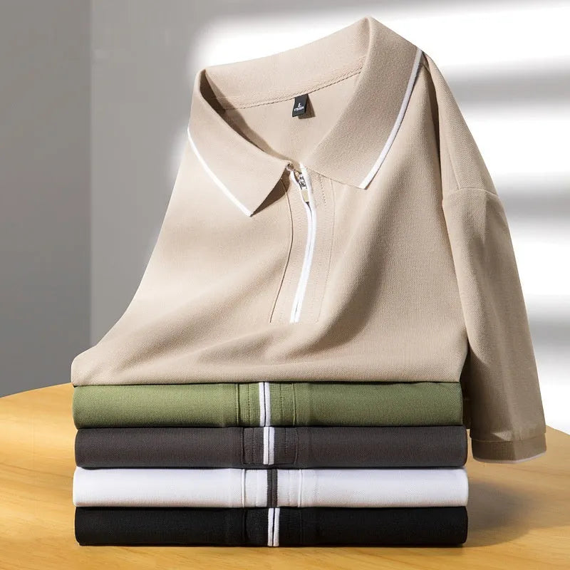 Men's slim fit lapel business casual top in cotton blend fabric with short sleeves