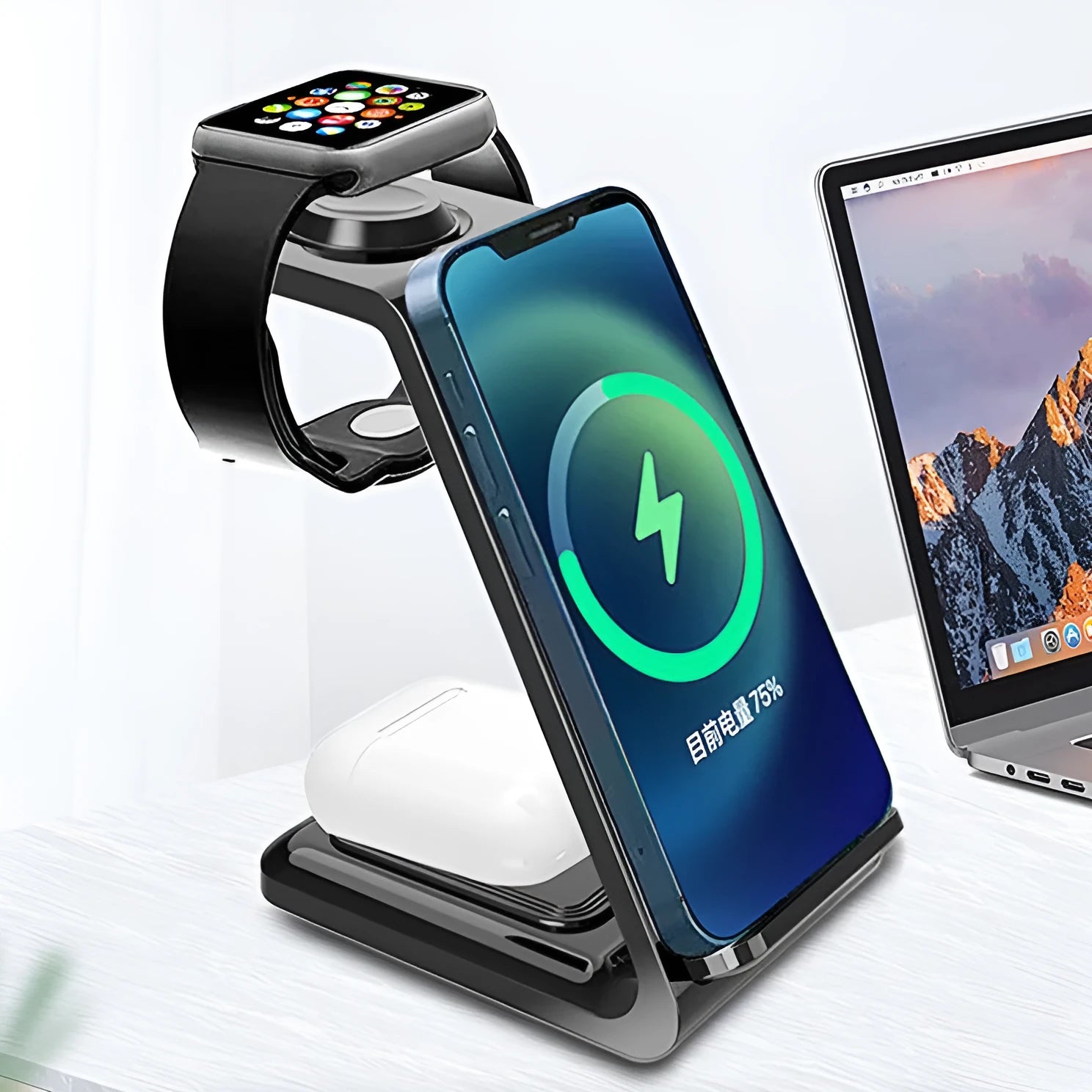 White 3-in-1 wireless charging stand holding a mobile phone upright next to wireless earbuds on its base.