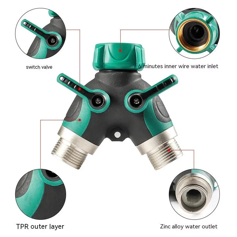 Zinc alloy garden ball valve water splitter with 6-point double pass diverter