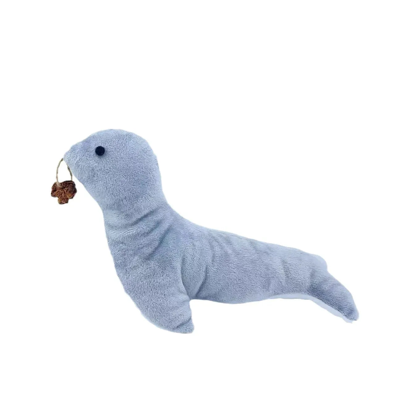 Blue sea lion plush cat toy with detailed stitching, shown alongside catnip filling and bell component