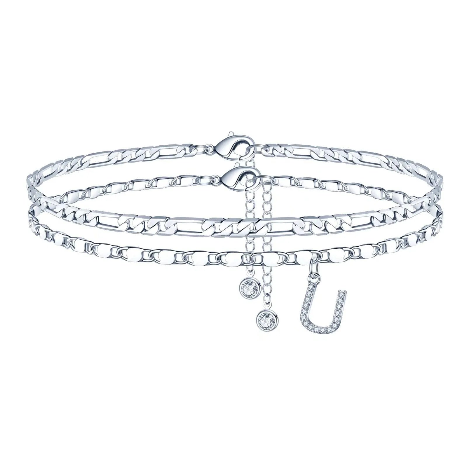 Silver colour copper anklet with double-circle design and text bead elements on ankle