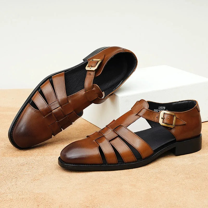 Men's black and brown genuine leather sandals with rubber soles for summer business casual wear