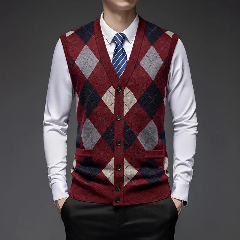 Men's knitted vest cardigan, sleeveless V-neck with pockets, cotton blend jacquard, available in five colours, sizes M to 4XL
