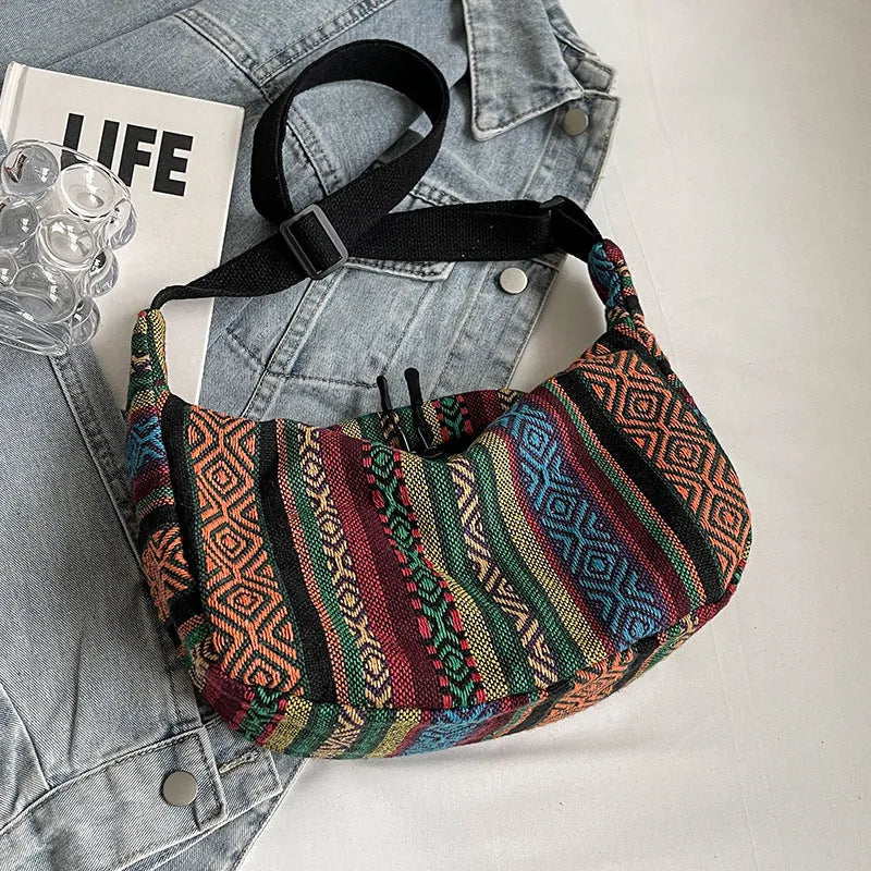 Ethnic style canvas crossbody dumpling bag with sewing thread detailing in five colour options