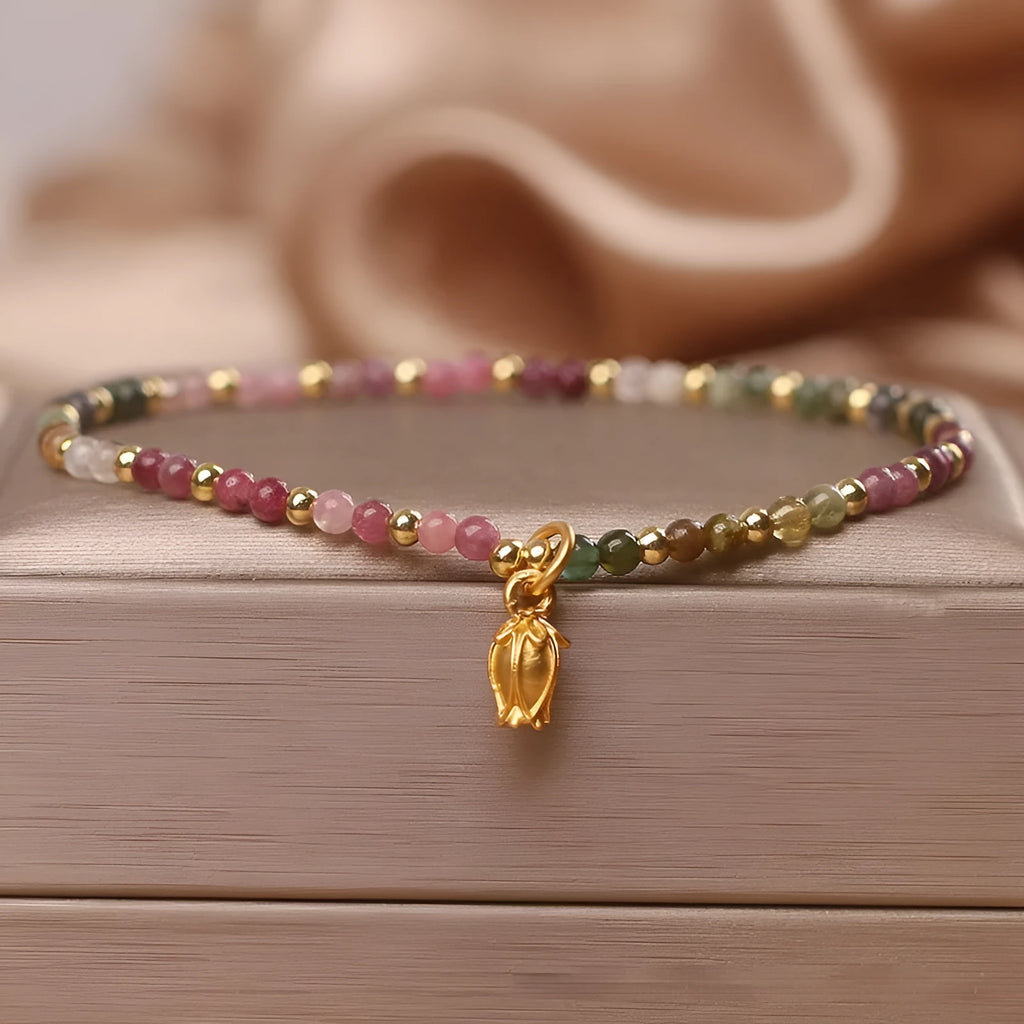 Natural Tourmaline floral bead anklet for women shown as both ankle chain and bracelet
